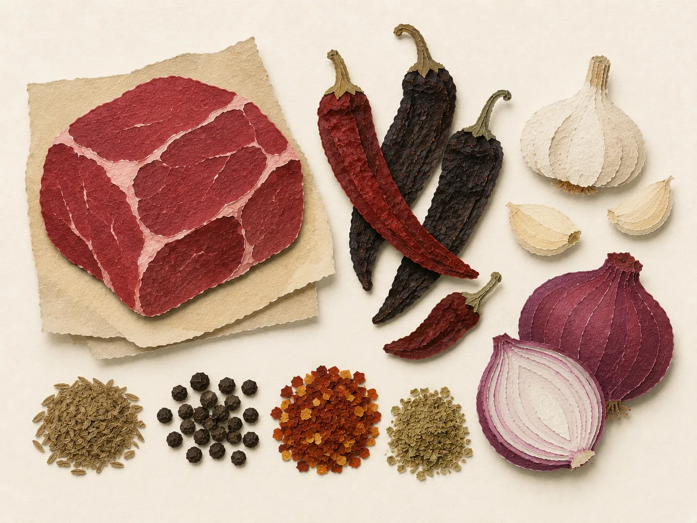 Flat-lay of chuck roast, guajillo chiles, and tomatoes for birria de res