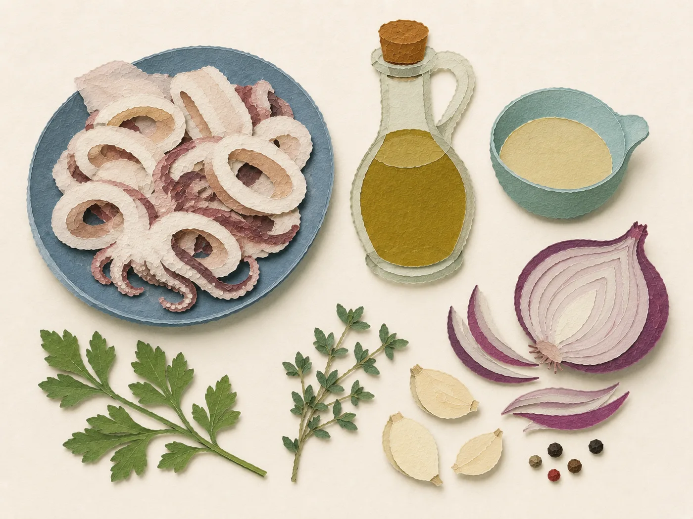 Flat-lay of calamari, white vinegar, and olive oil for calamari escabeche