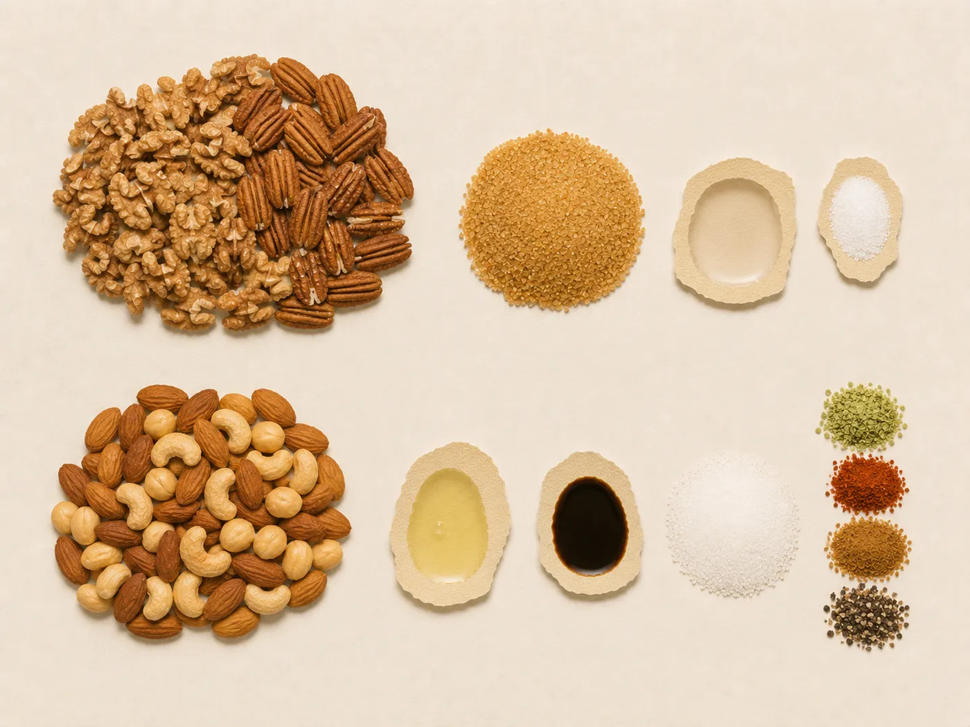 Flat-lay of pecans, walnuts, and sugar for candied seasoned nuts