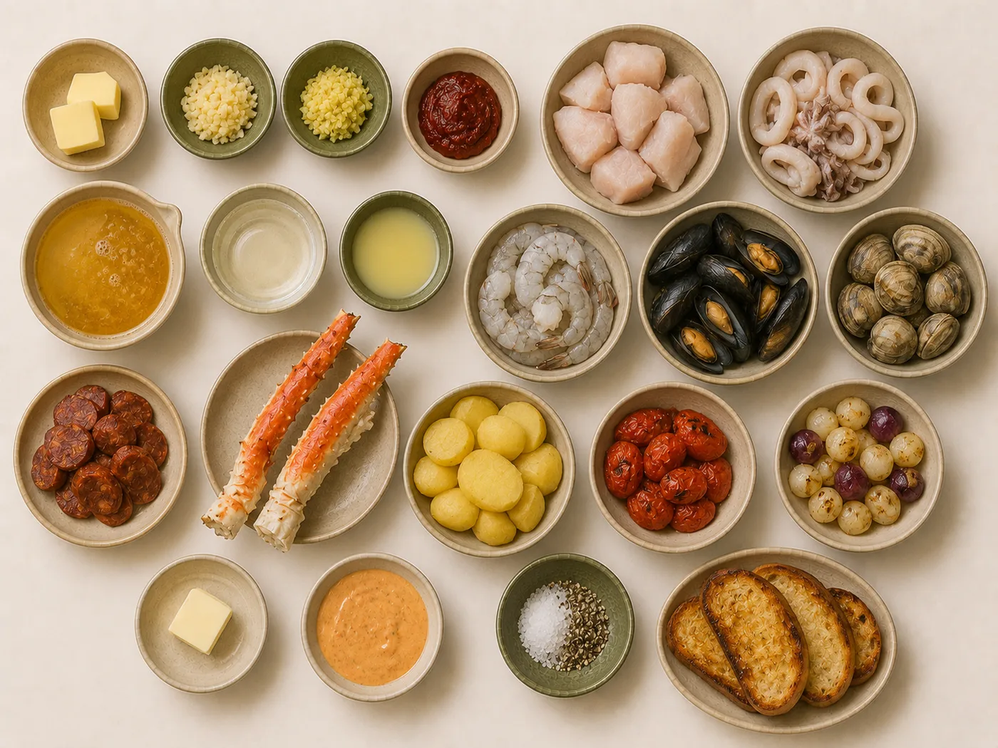 Flat-lay of mixed seafood, tomato broth, and aromatics for cioppino