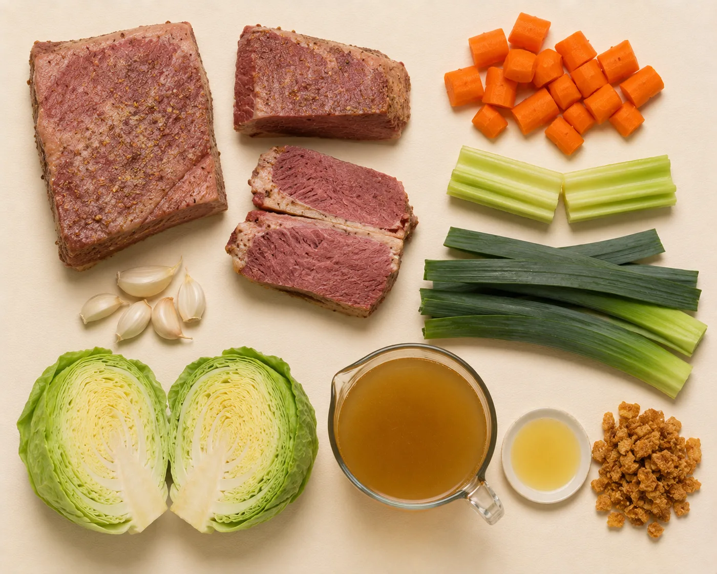 Flat-lay of corned beef, cabbage, carrots, and potatoes for corned beef and cabbage
