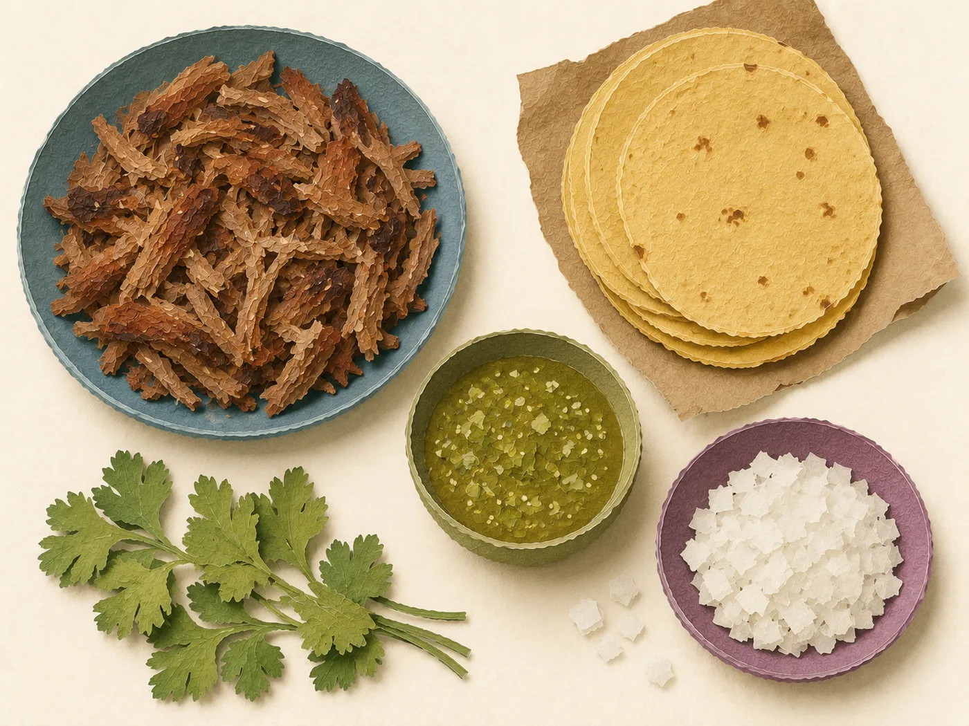 Flat-lay of duck carnitas, tomatillo salsa, and corn tortillas for duck carnitas tacos