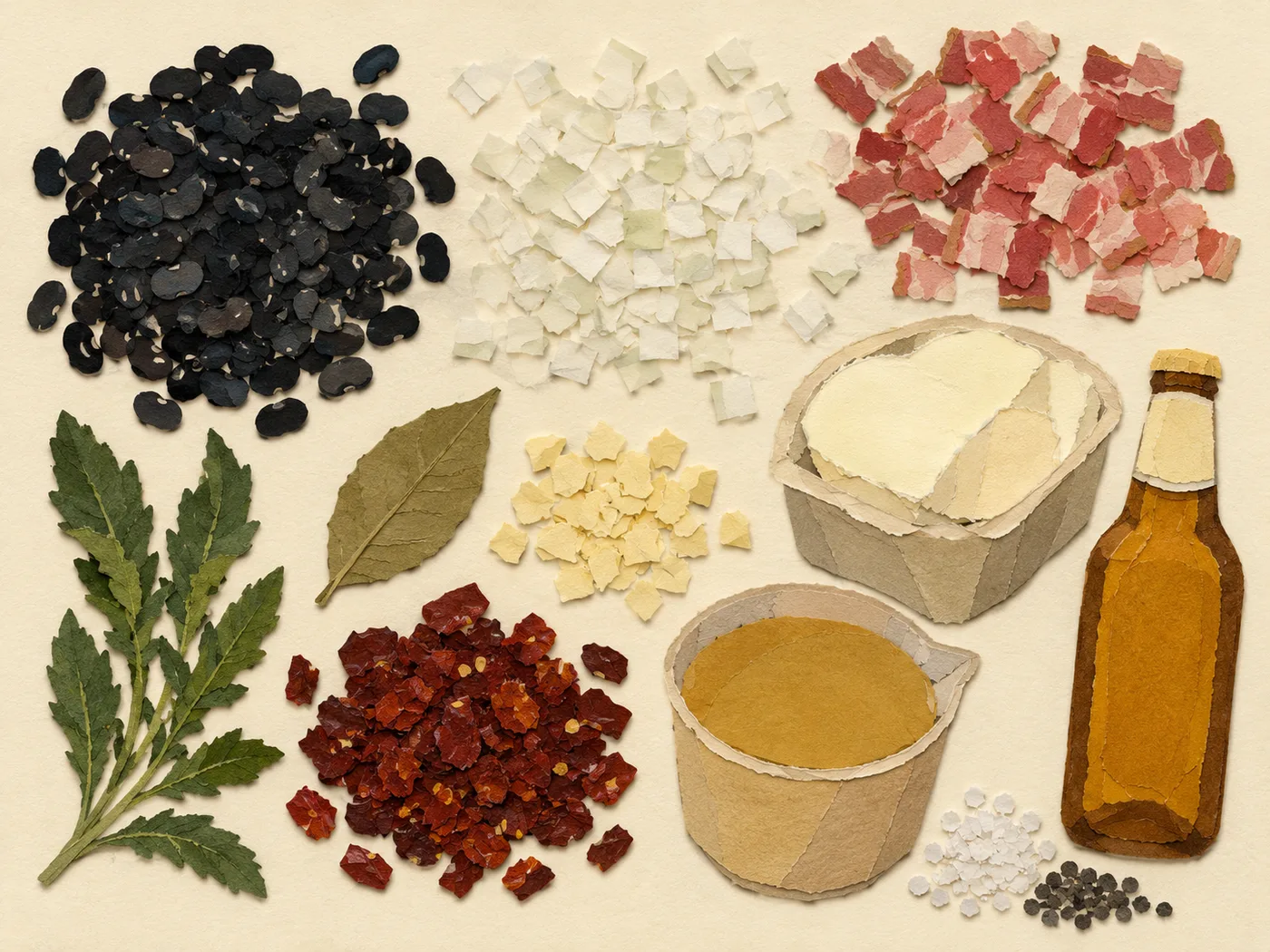 Flat-lay of dried black beans, lard, and aromatics for braised frijoles negros