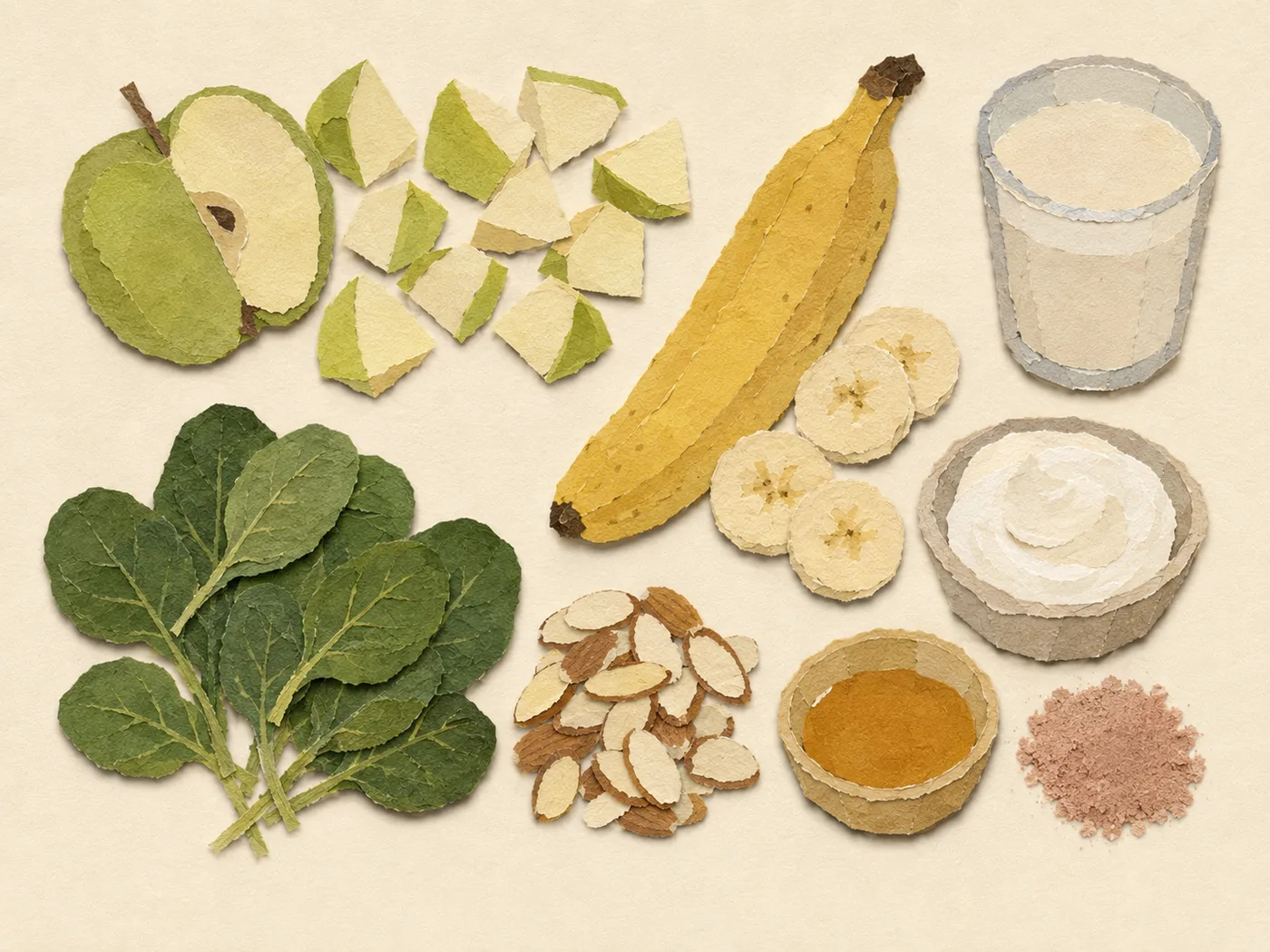 Flat-lay of green apple, banana, and almond milk for a green smoothie