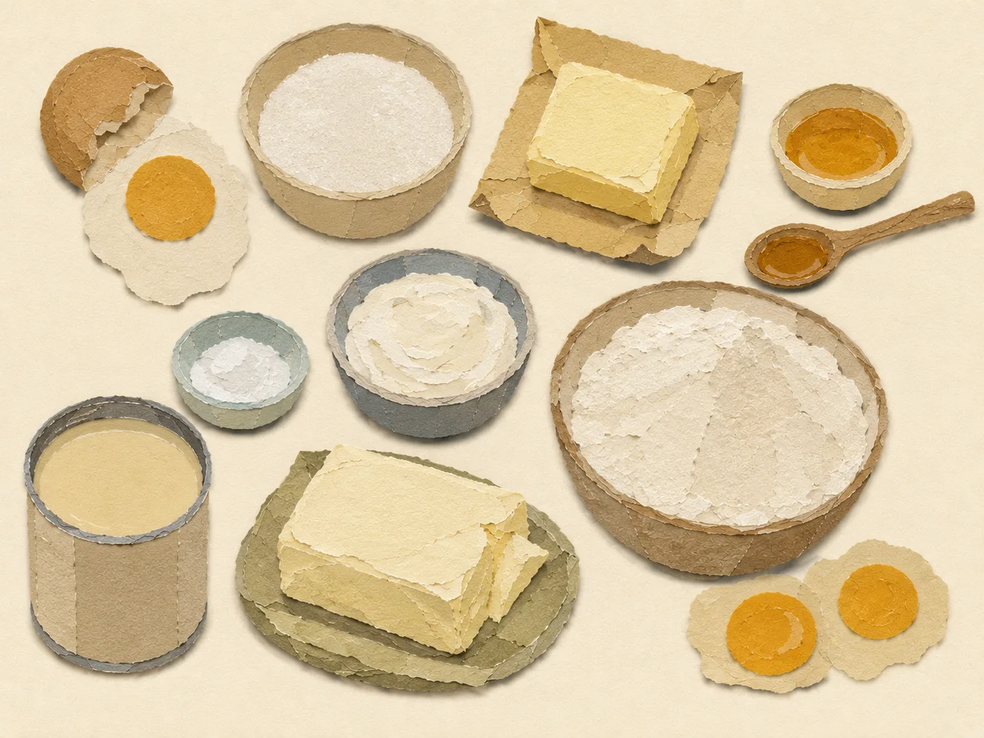 Flat-lay of honey, butter, eggs, and flour for a honey layer cake