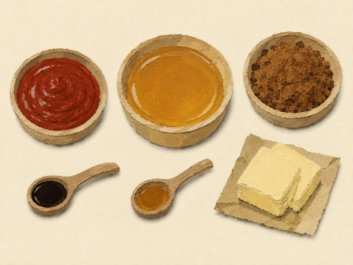 Flat-lay of sriracha, honey, and brown sugar for honey sriracha sauce