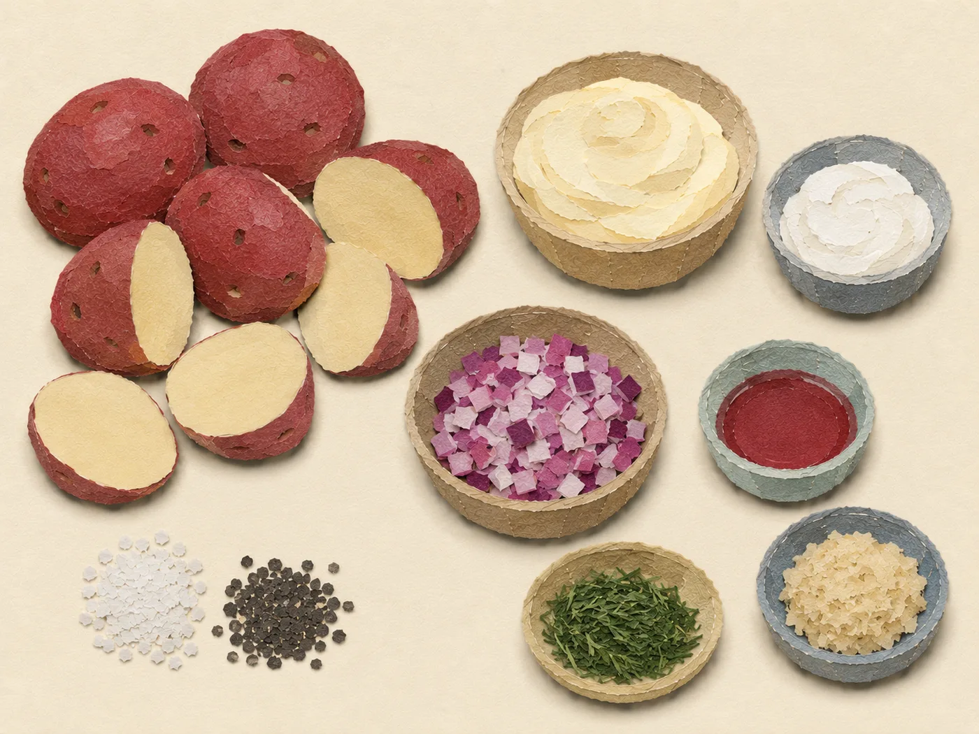 Flat-lay of potatoes, horseradish, dill, and red onion for potato salad