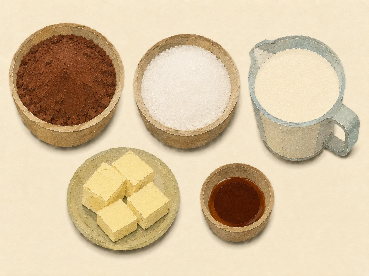 Flat-lay of cocoa, sugar, cream, and butter for hot fudge sauce
