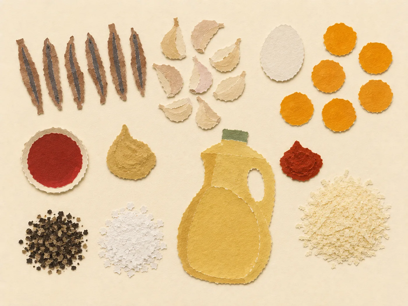 Flat-lay of anchovies, garlic, egg yolks, and Dijon for house Caesar dressing