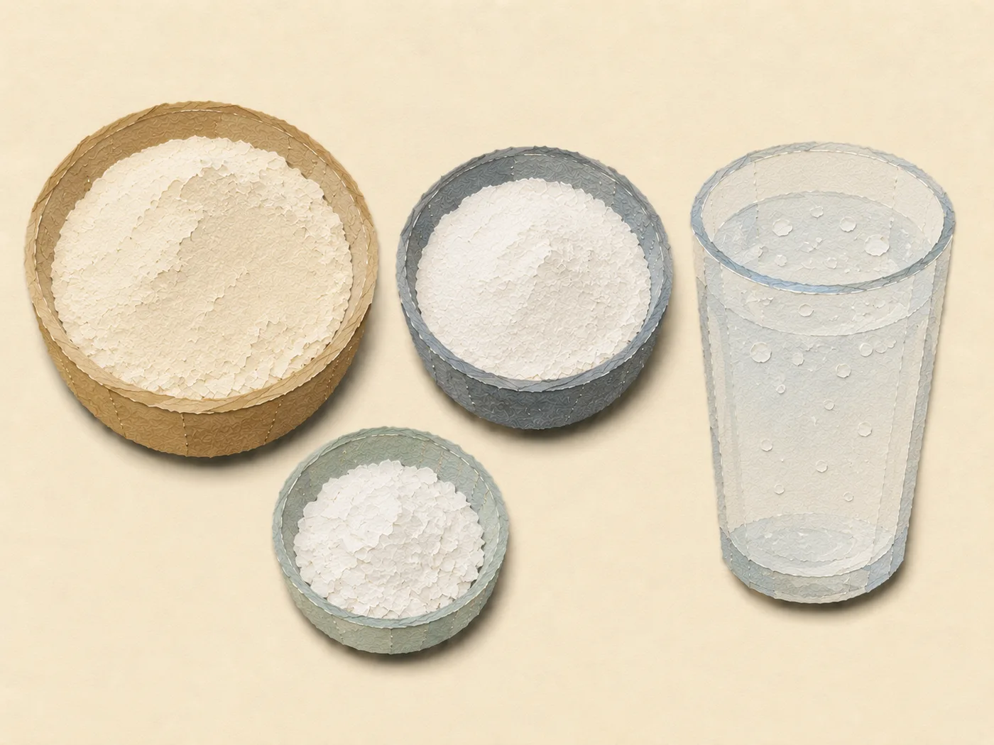 Flat-lay of flour, rice flour, and cornstarch for house fry batter