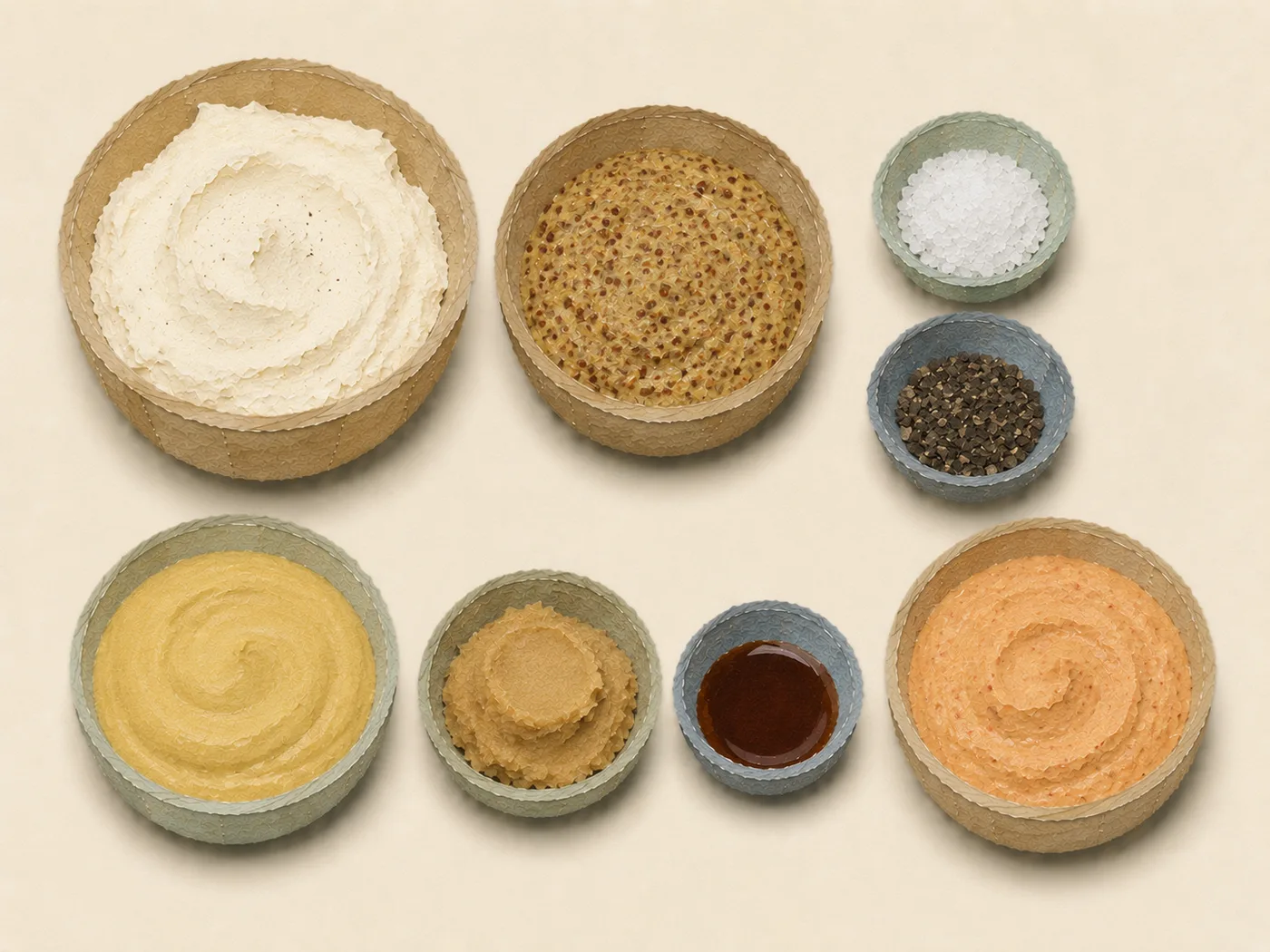 Flat-lay of whole-grain mustard, cream cheese, and spices for house mustard