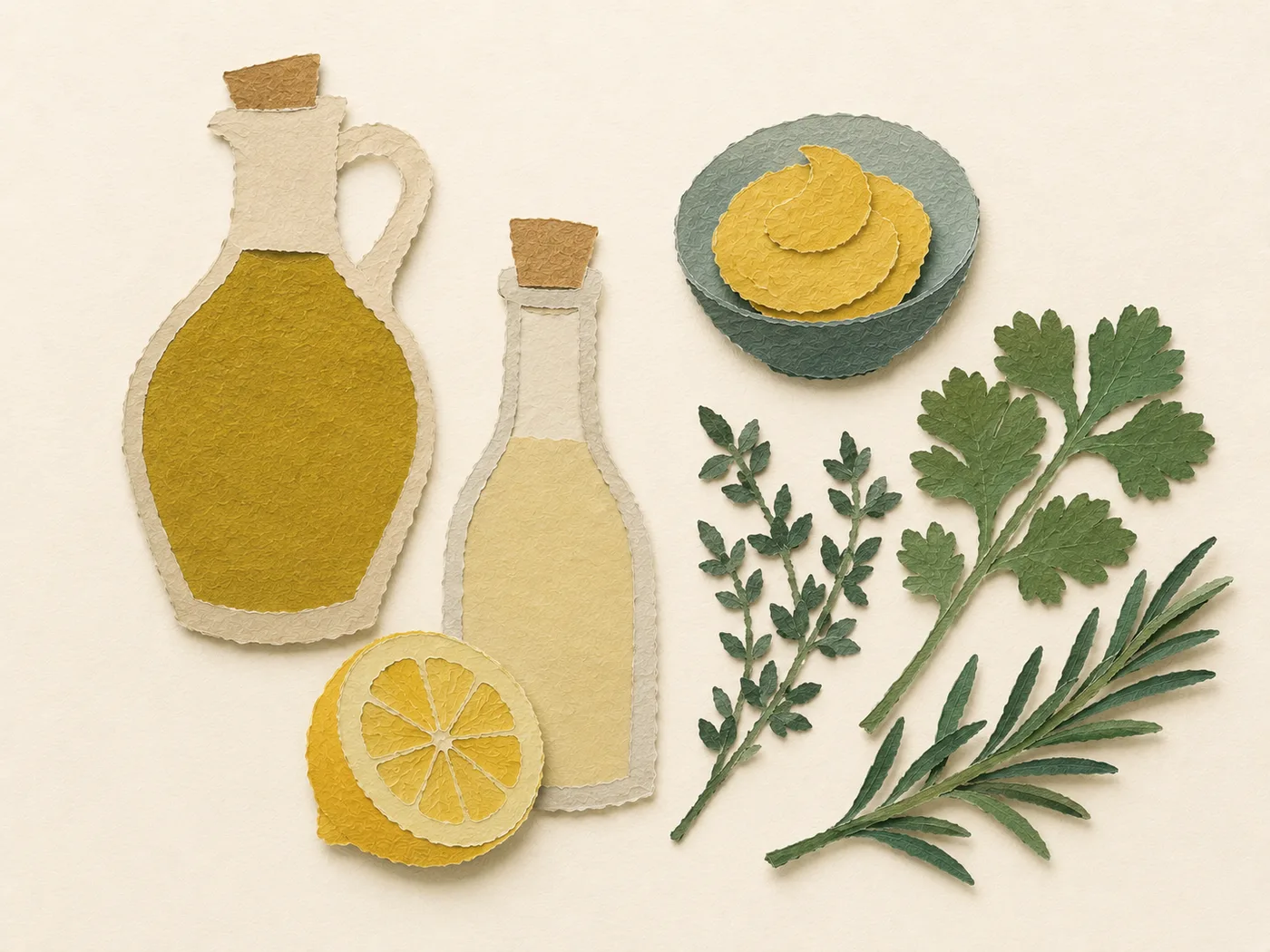A glass jar of freshly shaken emulsified vinaigrette beside olive oil, red wine vinegar, Dijon mustard, garlic, and fresh herbs