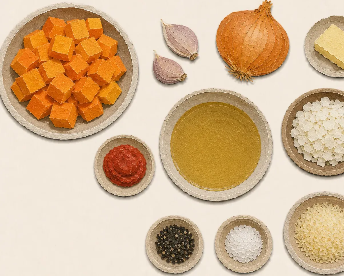 Blended soup mise en place: cubed pumpkin, aromatics, and a bowl of smooth golden soup