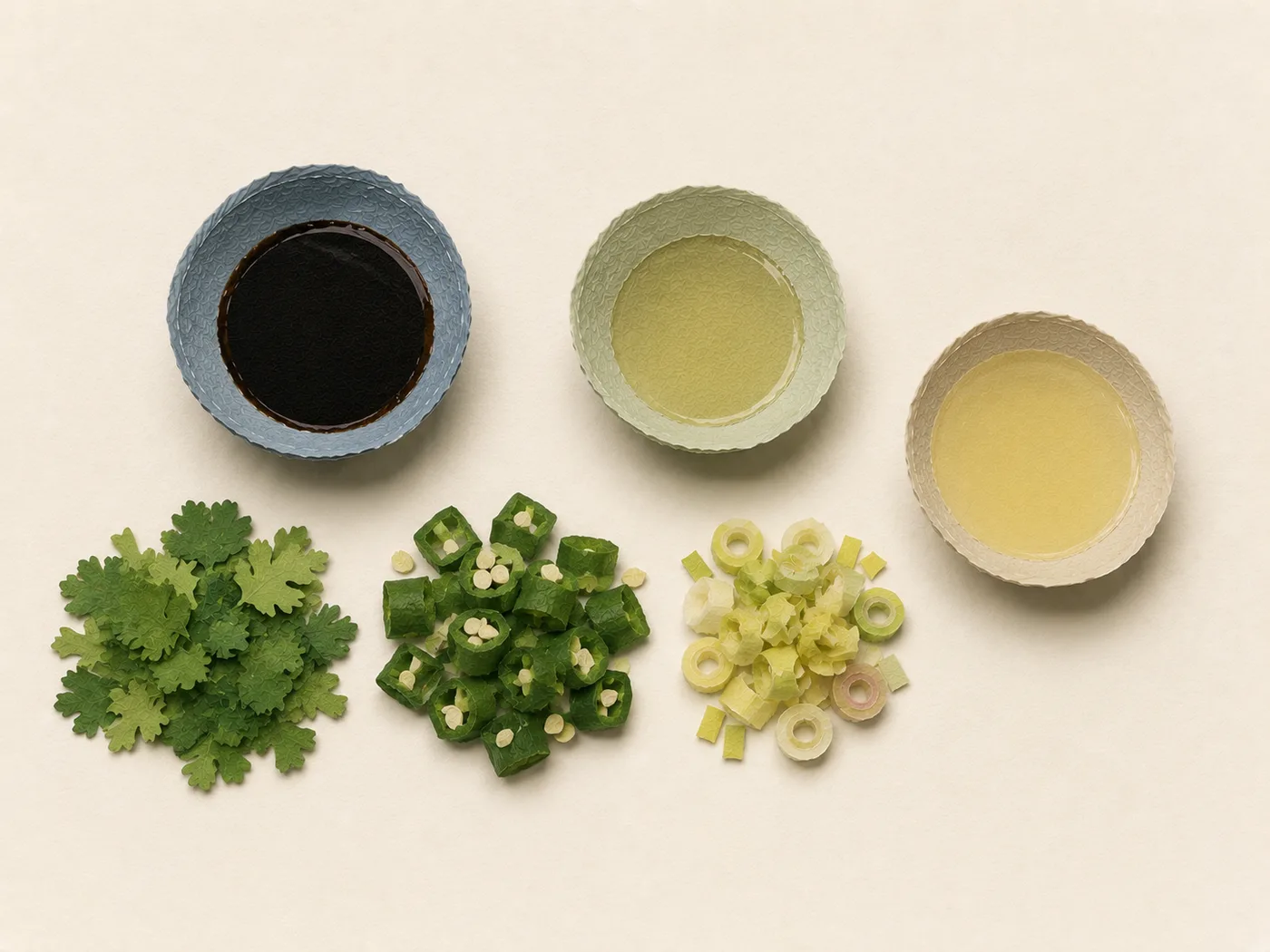 Flat-lay of soy sauce, lemongrass, serrano, and cilantro for ponzu