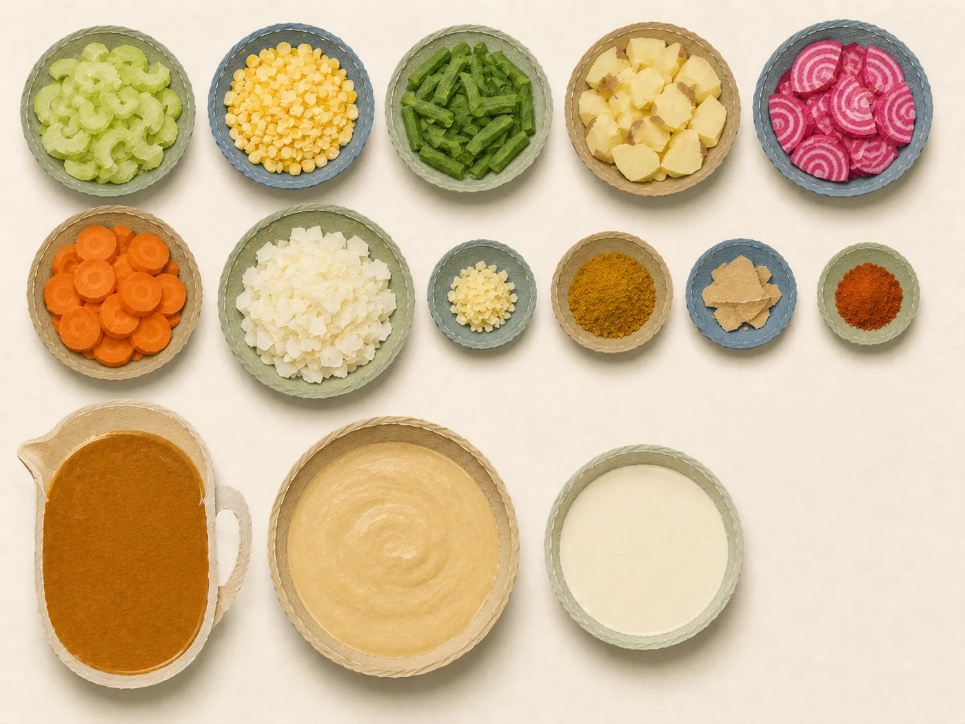 Flat-lay of lobster, celery, corn, and cream for lobster pot pie base