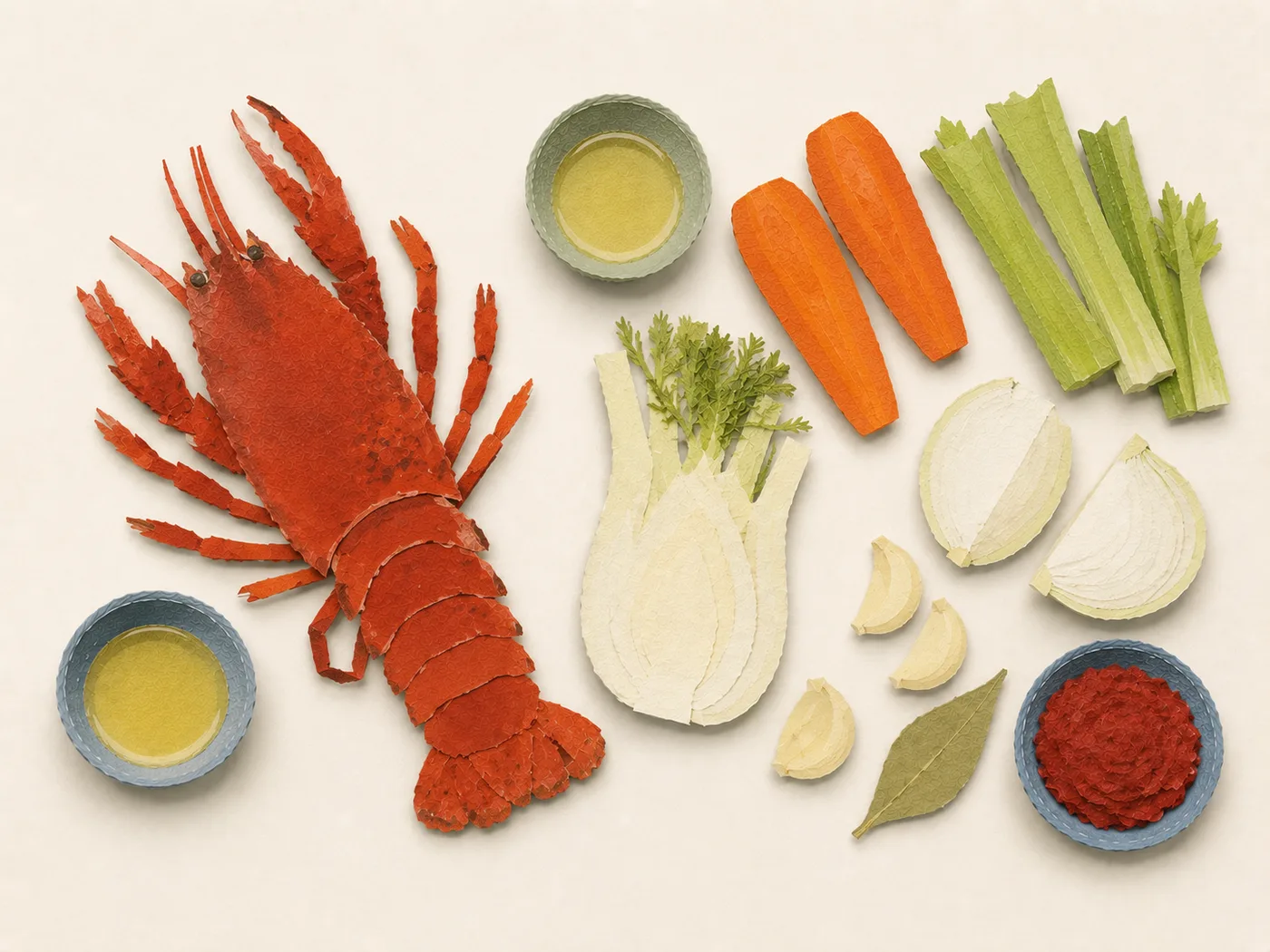 Flat-lay of lobster bodies, aromatics, and oil for lobster stock