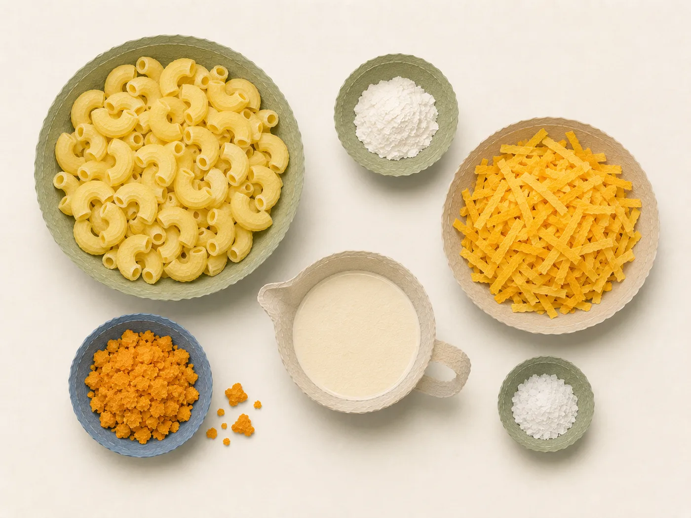 Flat-lay of macaroni, cheddar, and cream sauce for macaroni and cheese