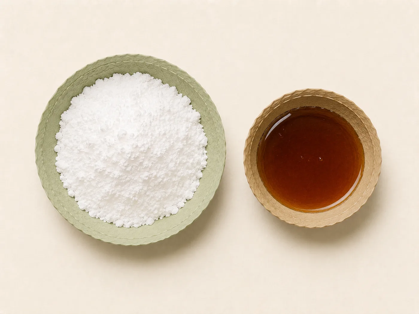 Flat-lay of powdered sugar and maple syrup for maple milk frosting