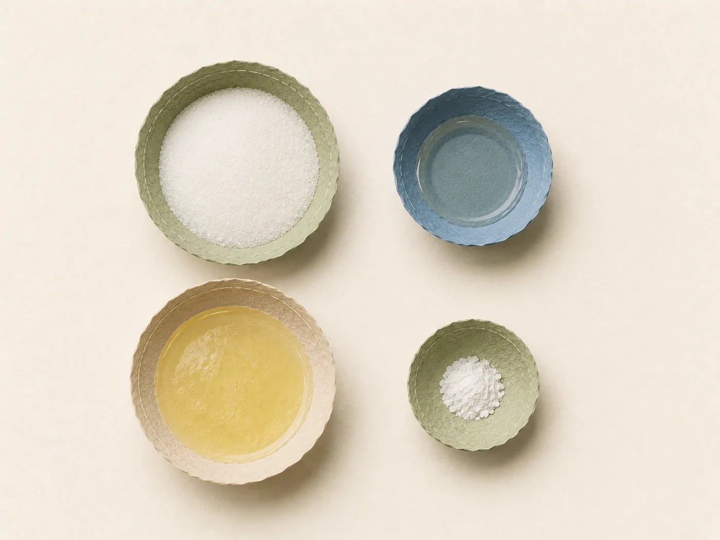 Flat-lay of egg whites, sugar, and cream of tartar for meringue