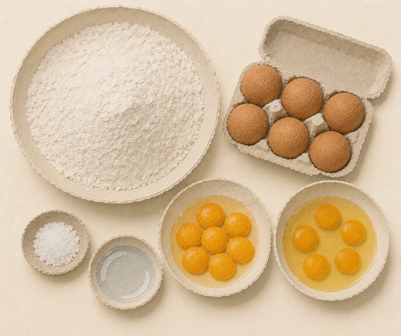 Flat-lay of 00 flour, eggs, and egg yolks for fresh pasta dough
