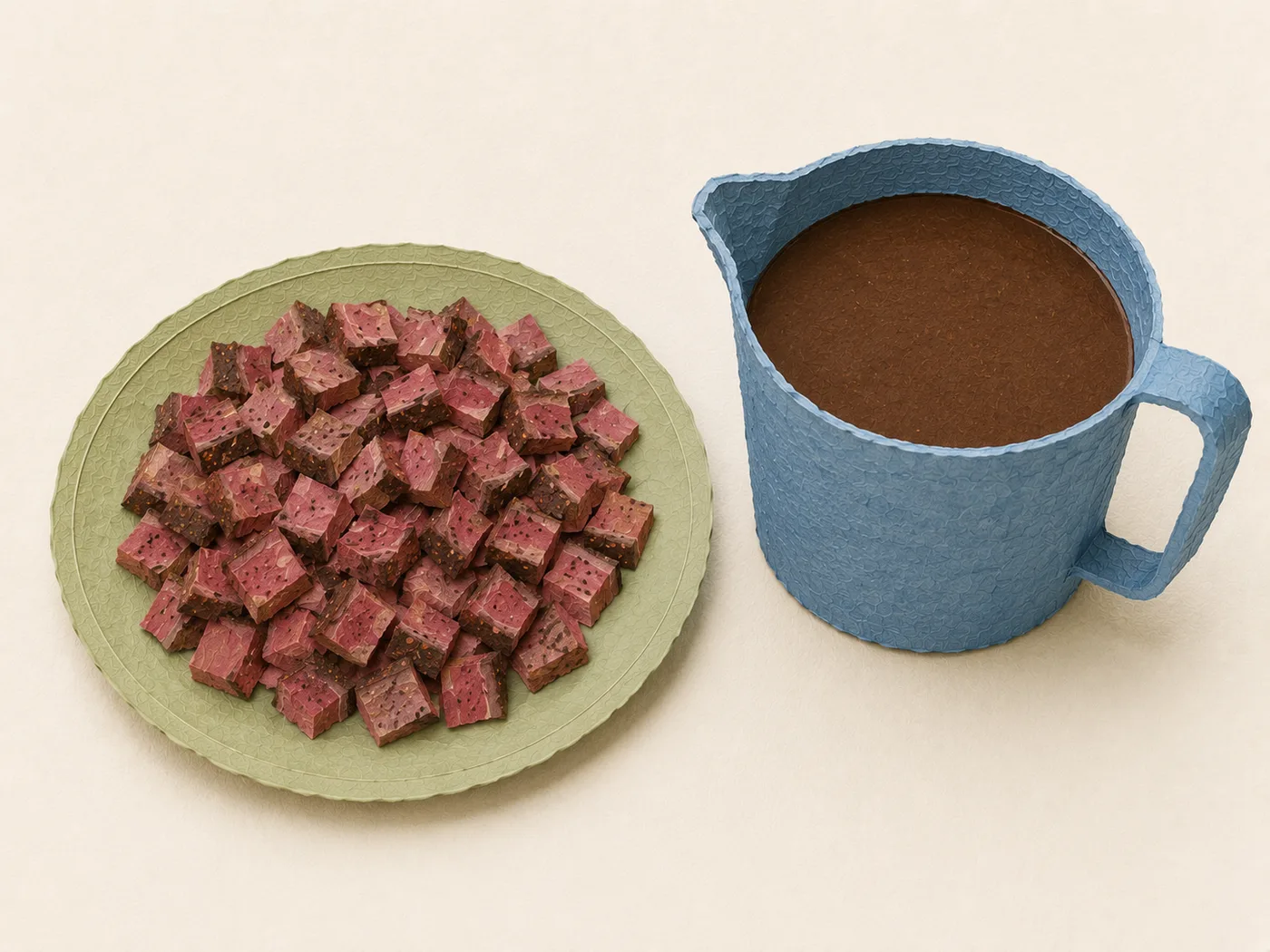 Flat-lay of diced pastrami and smoky gravy for pastrami gravy
