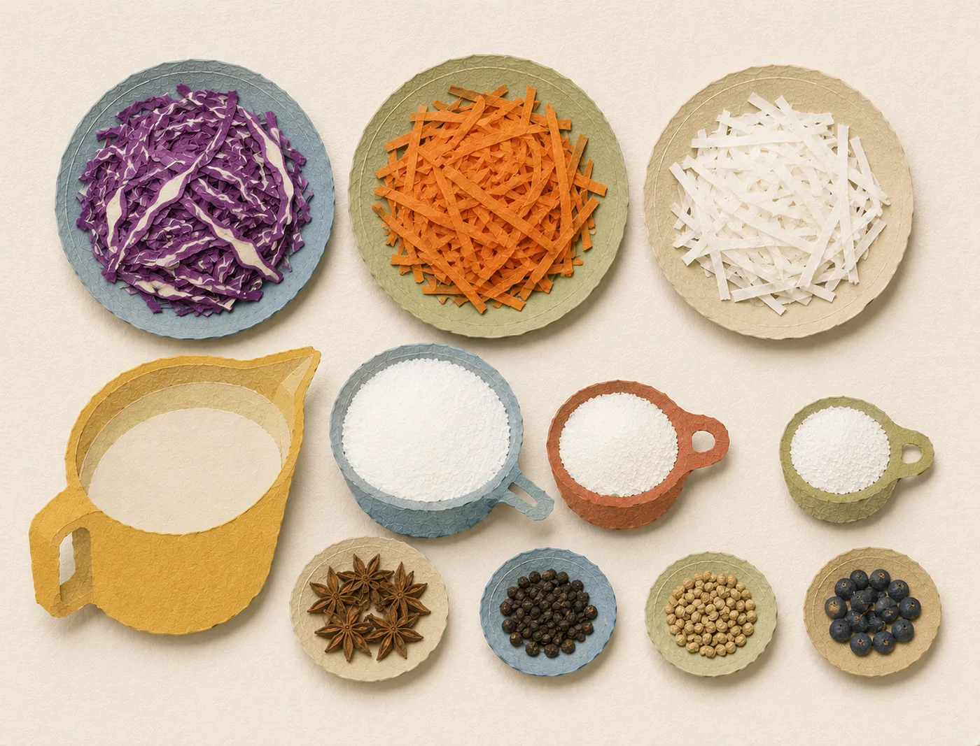 Flat-lay of carrot, daikon, and cabbage for banh mi pickles