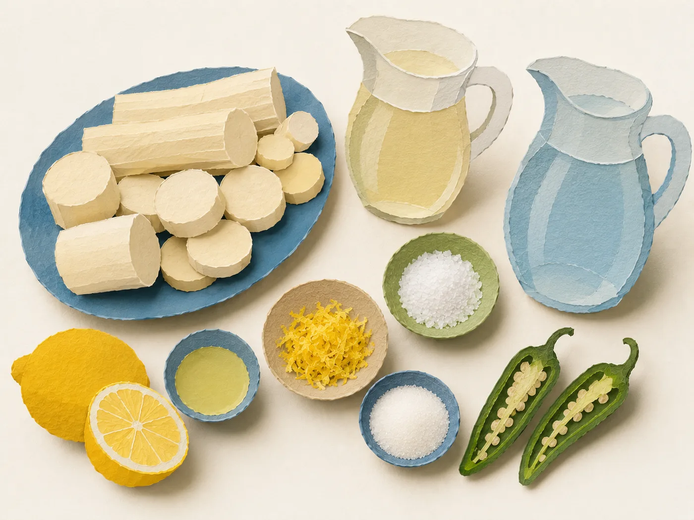 Flat-lay of hearts of palm, lemon, and brine for pickled hearts of palm