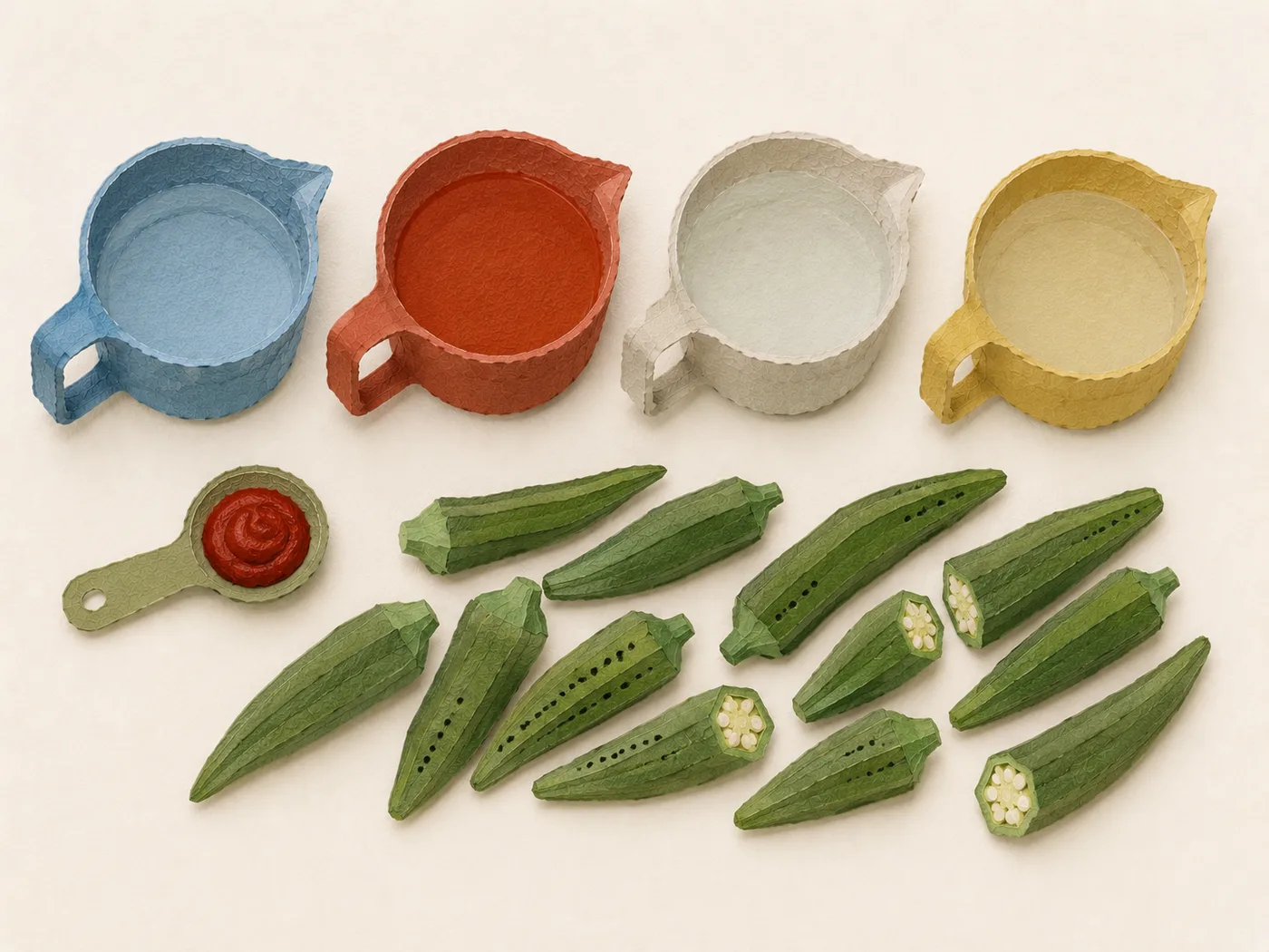 Flat-lay of okra, Louisiana hot sauce, and vinegar for hot sauce pickled okra