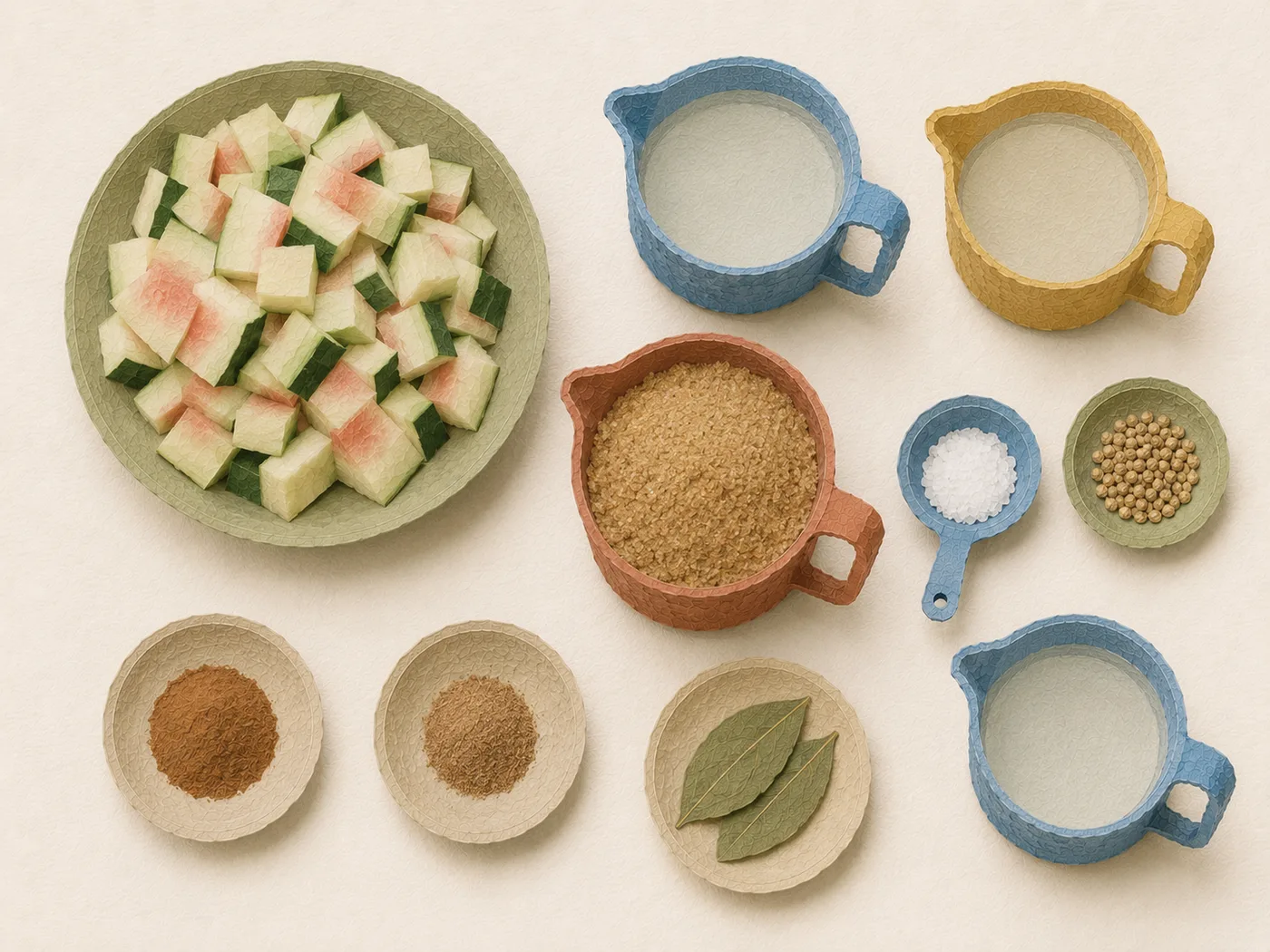 Flat-lay of watermelon rind, vinegar, and spices for pickled watermelon rind