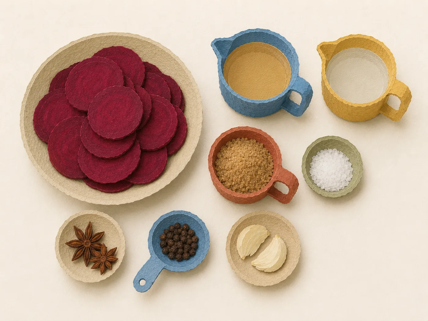 Flat-lay of sliced beets, apple cider vinegar, and spices for pickled beets