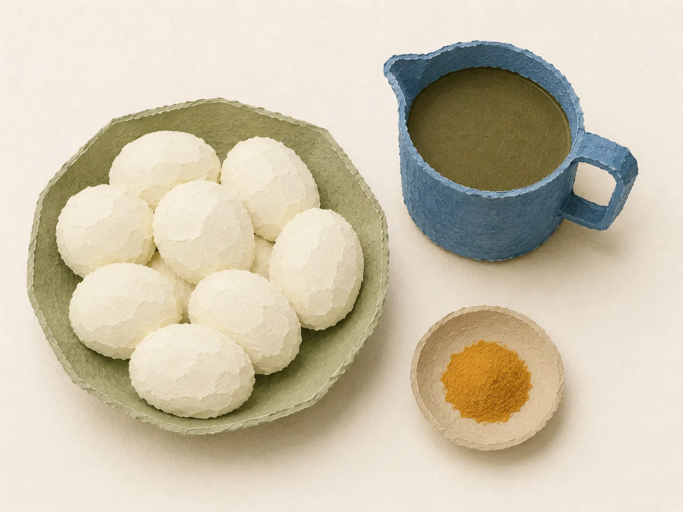 Flat-lay of hard-boiled eggs, brine, and turmeric for pickled eggs