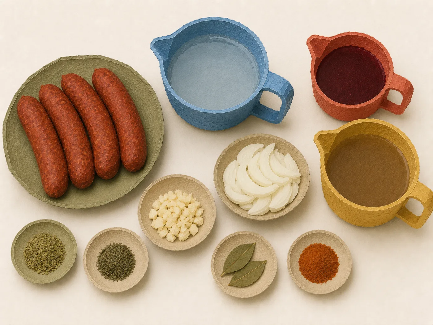 Flat-lay of chorizo, garlic, and red wine vinegar for pickled garlic chorizo