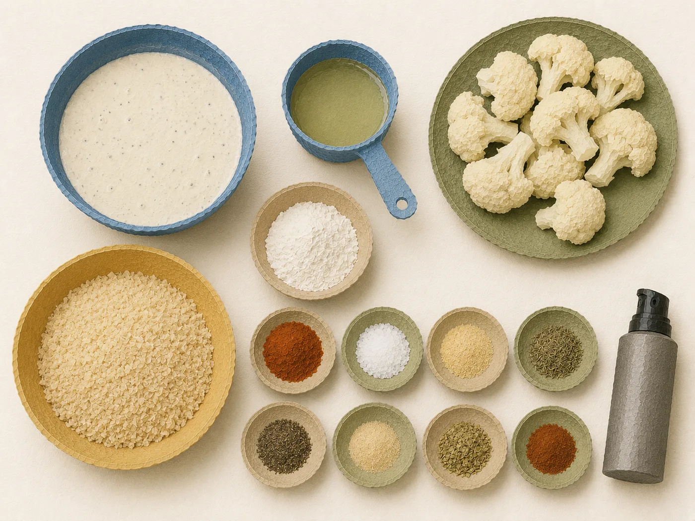 Flat-lay of cauliflower, rice flour batter, and spices for popcorn cauliflower