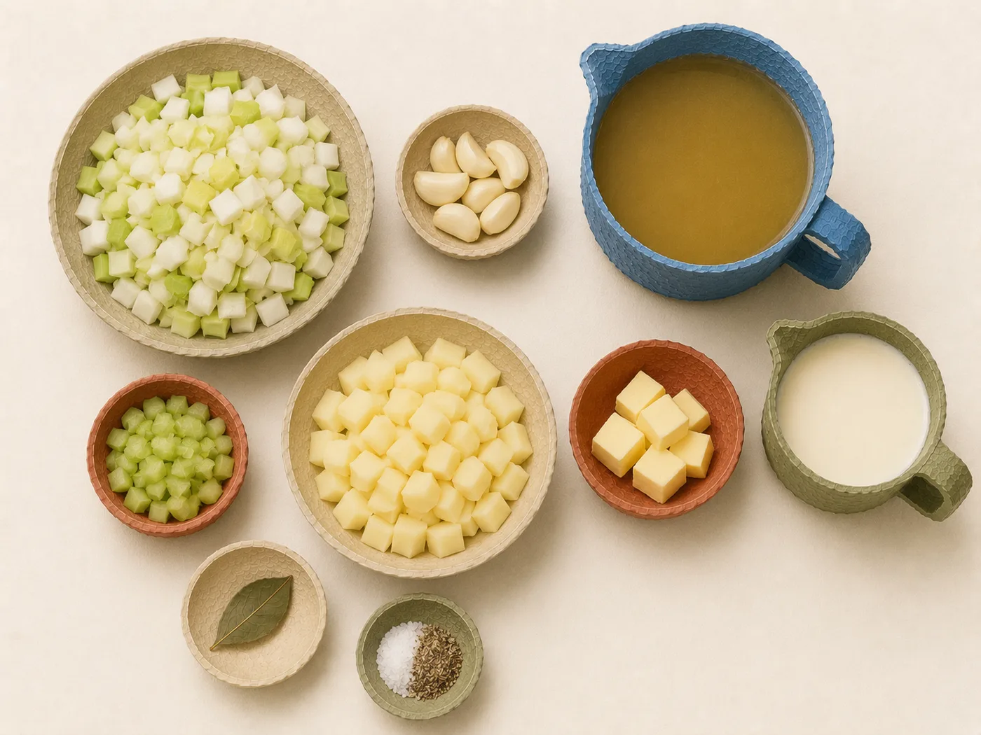 Flat-lay of leeks, potatoes, and garlic for potato leek soup