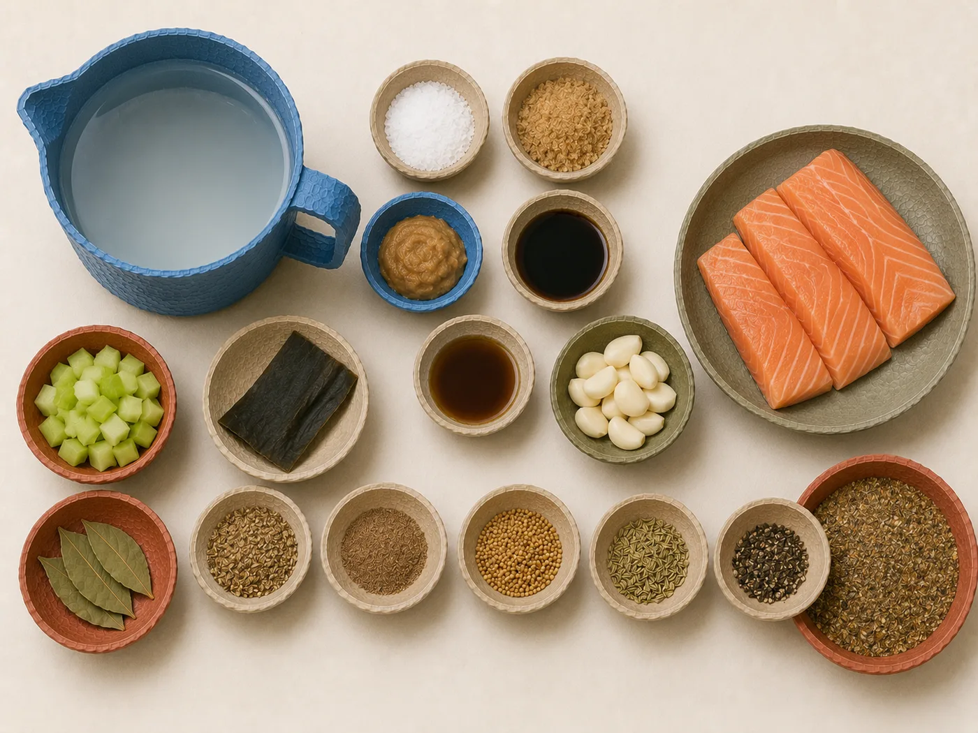 Flat-lay of salmon, salt, brown sugar, and spices for salmon pastrami