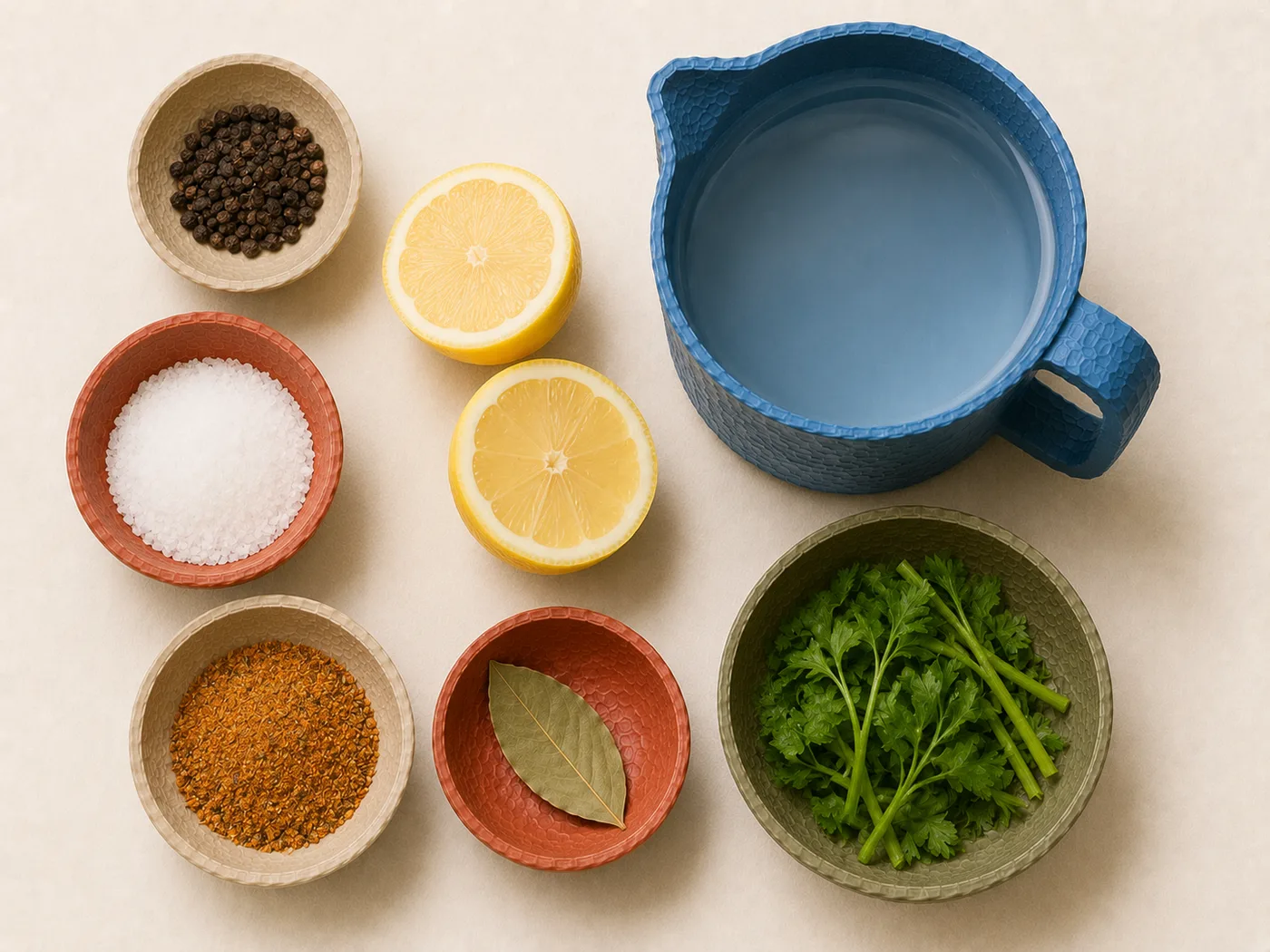 Flat-lay of shellfish, corn, lemon, and boil spices for a seafood boil