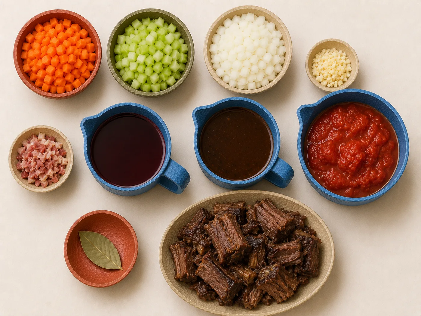 Flat-lay of short rib, soffritto, and tomato for short rib ragu