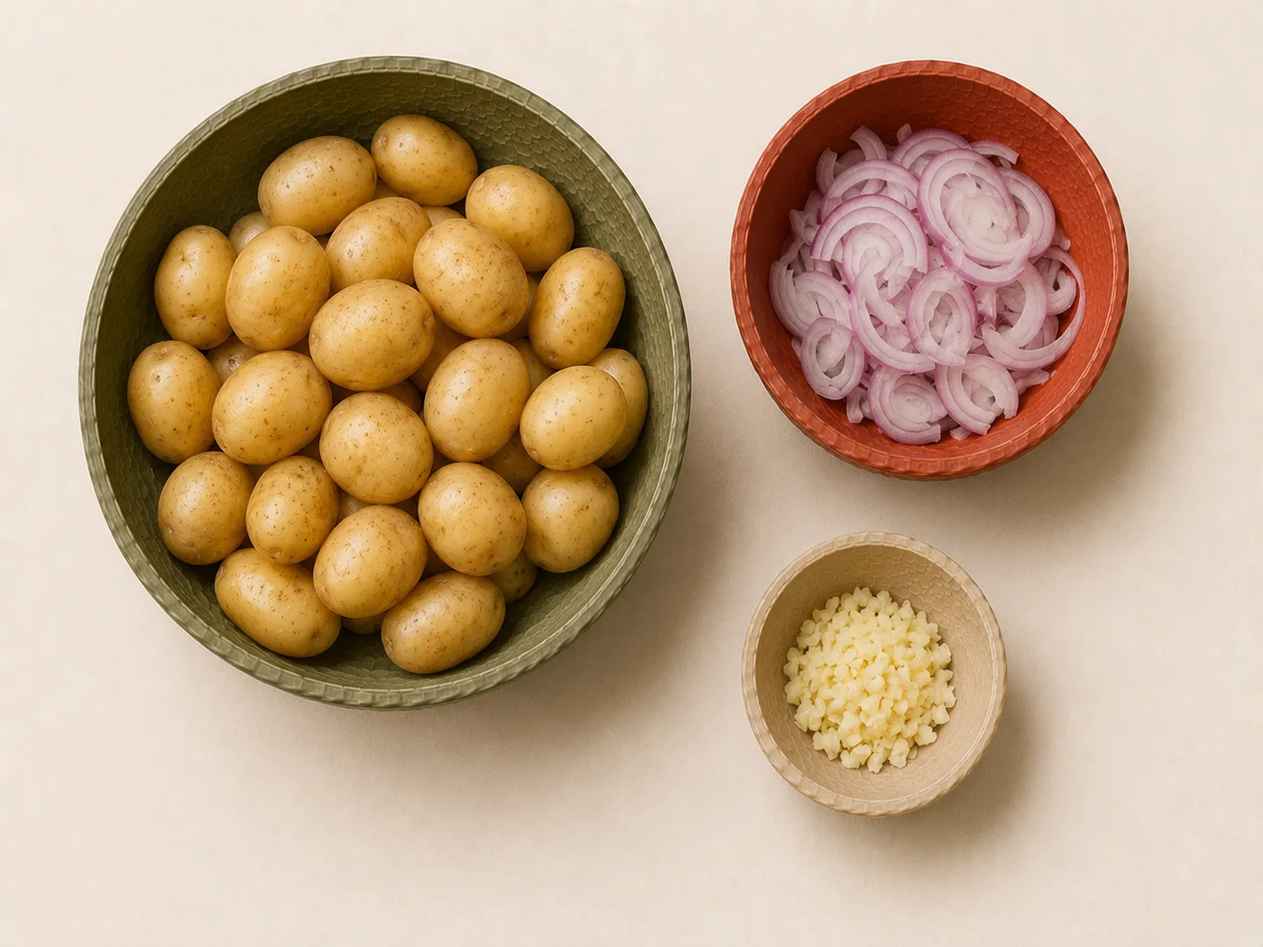 Flat-lay of baby potatoes, shallot, and garlic for smashed baby potatoes