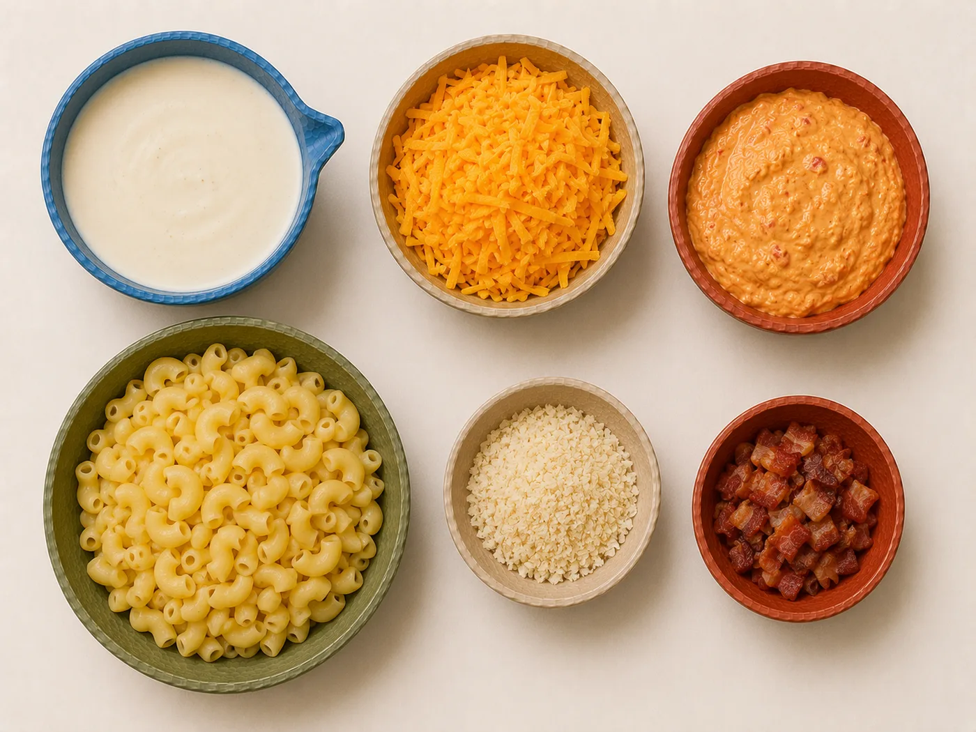 Flat-lay of macaroni, cheddar, and pimento spread for spicy mac and cheese