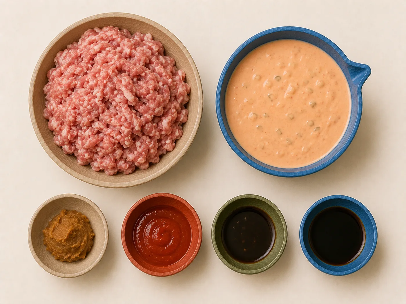 Flat-lay of ground bacon, thousand island, and miso for bacon spread