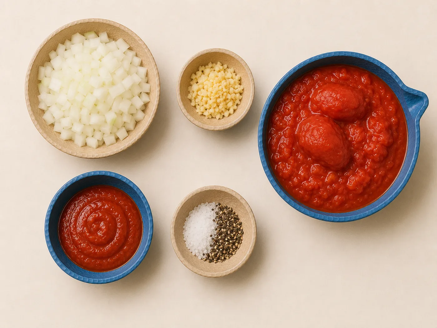 Flat-lay of tomatoes, onion, garlic, and sriracha for sriracha marinara