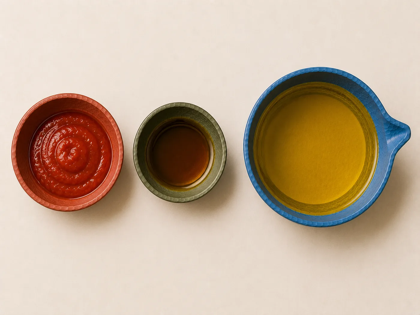 Flat-lay of sriracha, sesame oil, and blended oil for sriracha sesame oil