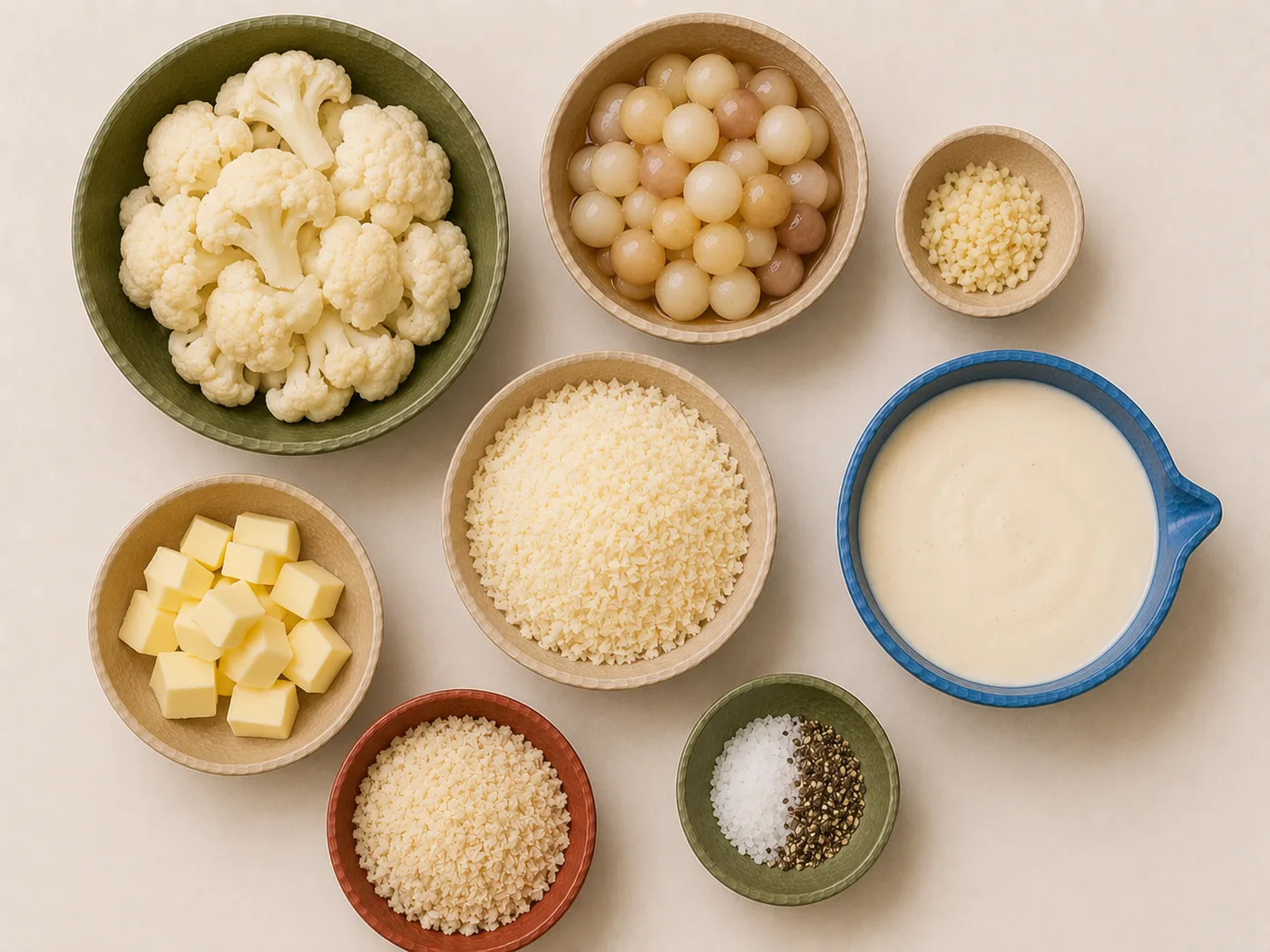 Flat-lay of cauliflower, pearl onions, and cream for cauliflower gratin