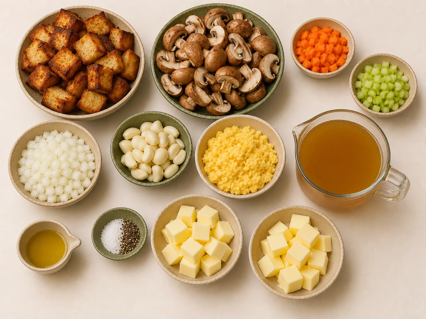 Flat-lay of brioche, mushrooms, and truffle for mushroom stuffing