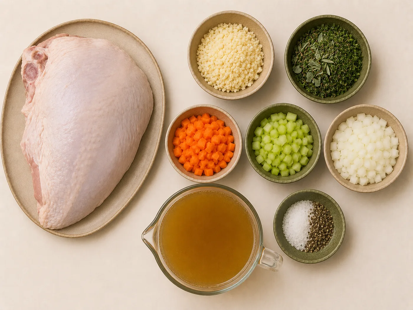 Flat-lay of turkey breast, garlic, and fresh herbs for a Thanksgiving turkey breast