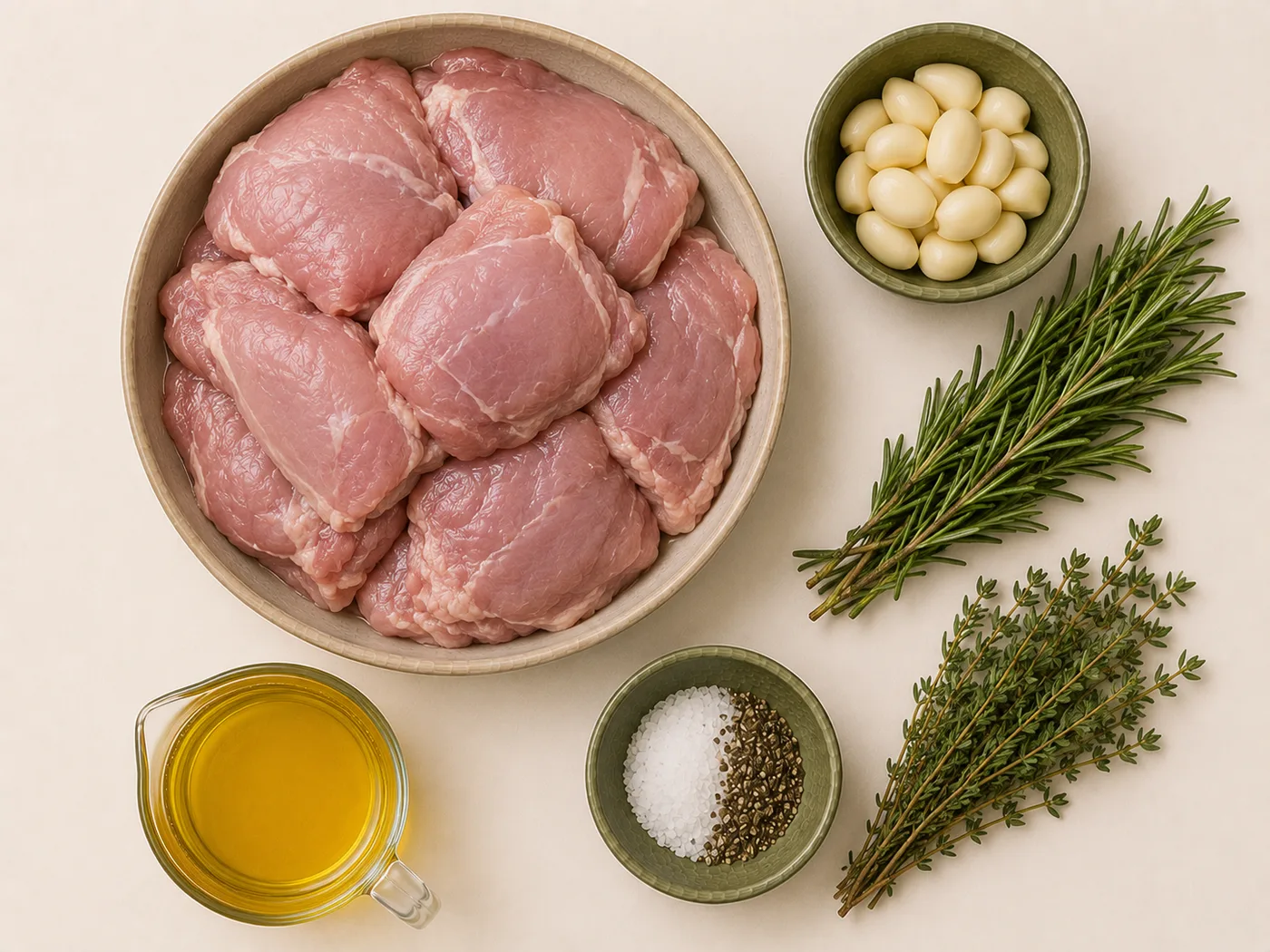 Flat-lay of turkey thighs, garlic, and rosemary for Thanksgiving turkey thighs