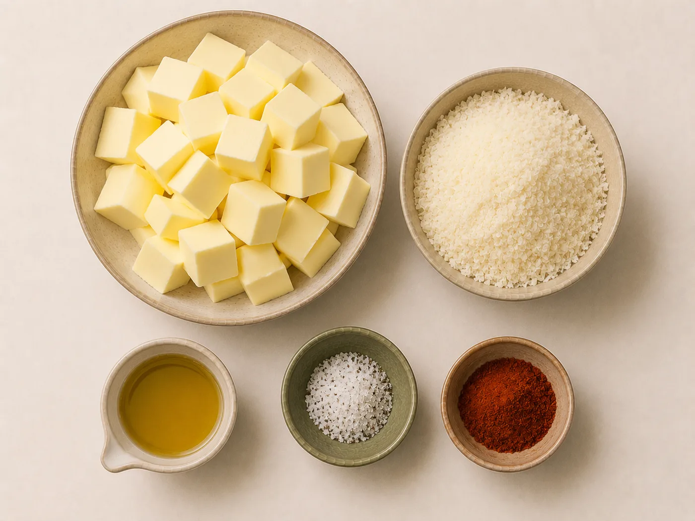 Flat-lay of butter, parmesan, and truffle oil for truffle parmesan butter