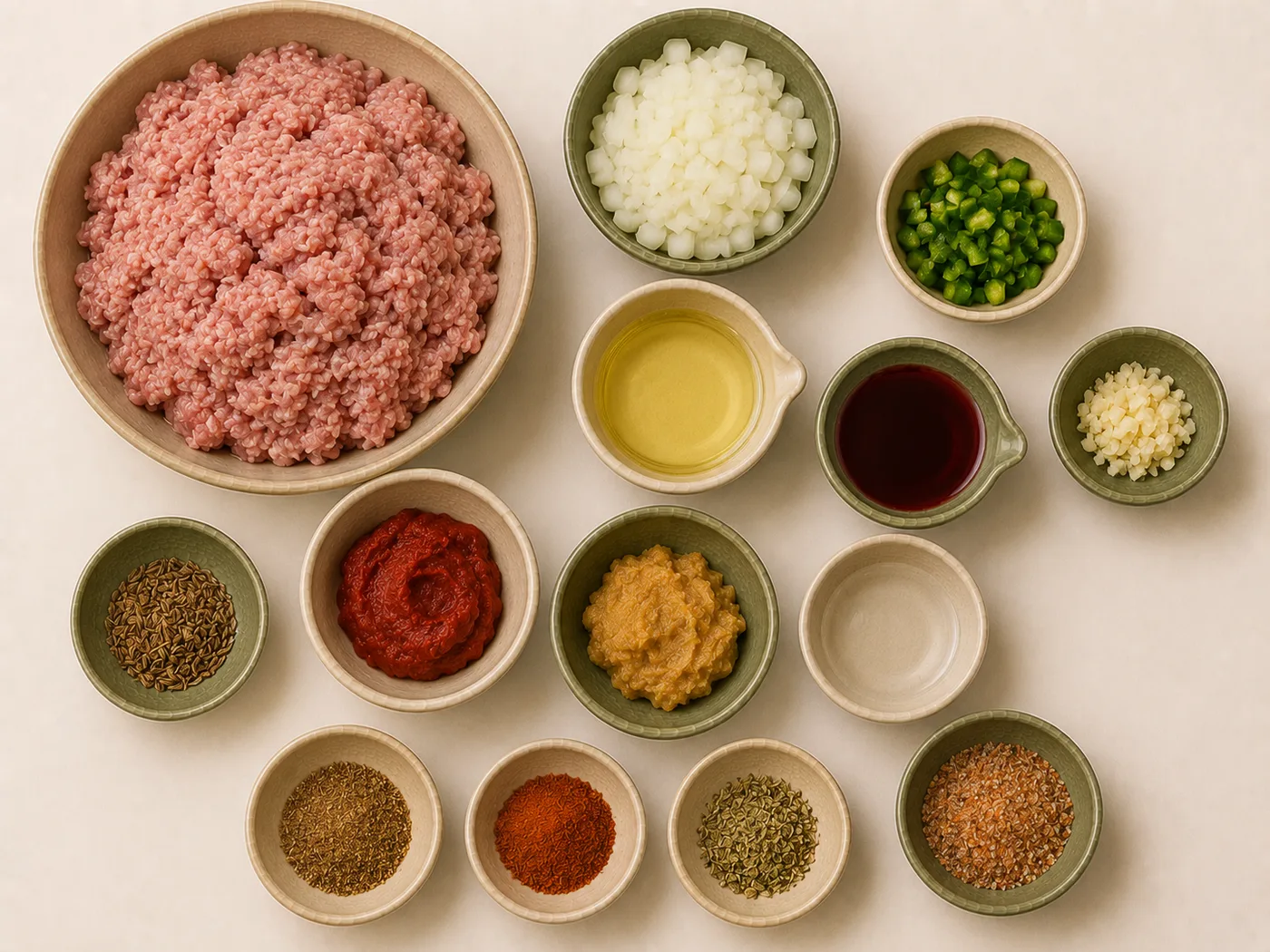 Flat-lay of ground turkey, beans, and chili spices for turkey chili