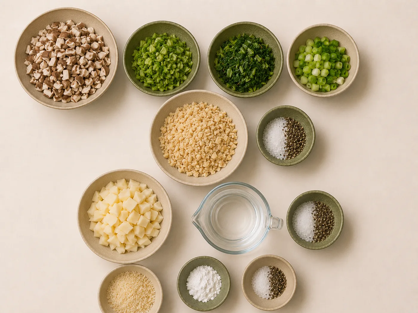 Flat-lay of mushrooms, watercress, and grains for a veggie burger patty