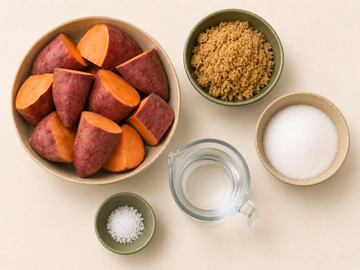 Flat-lay of Red Garnet yams, brown sugar, and spices for yam preserves